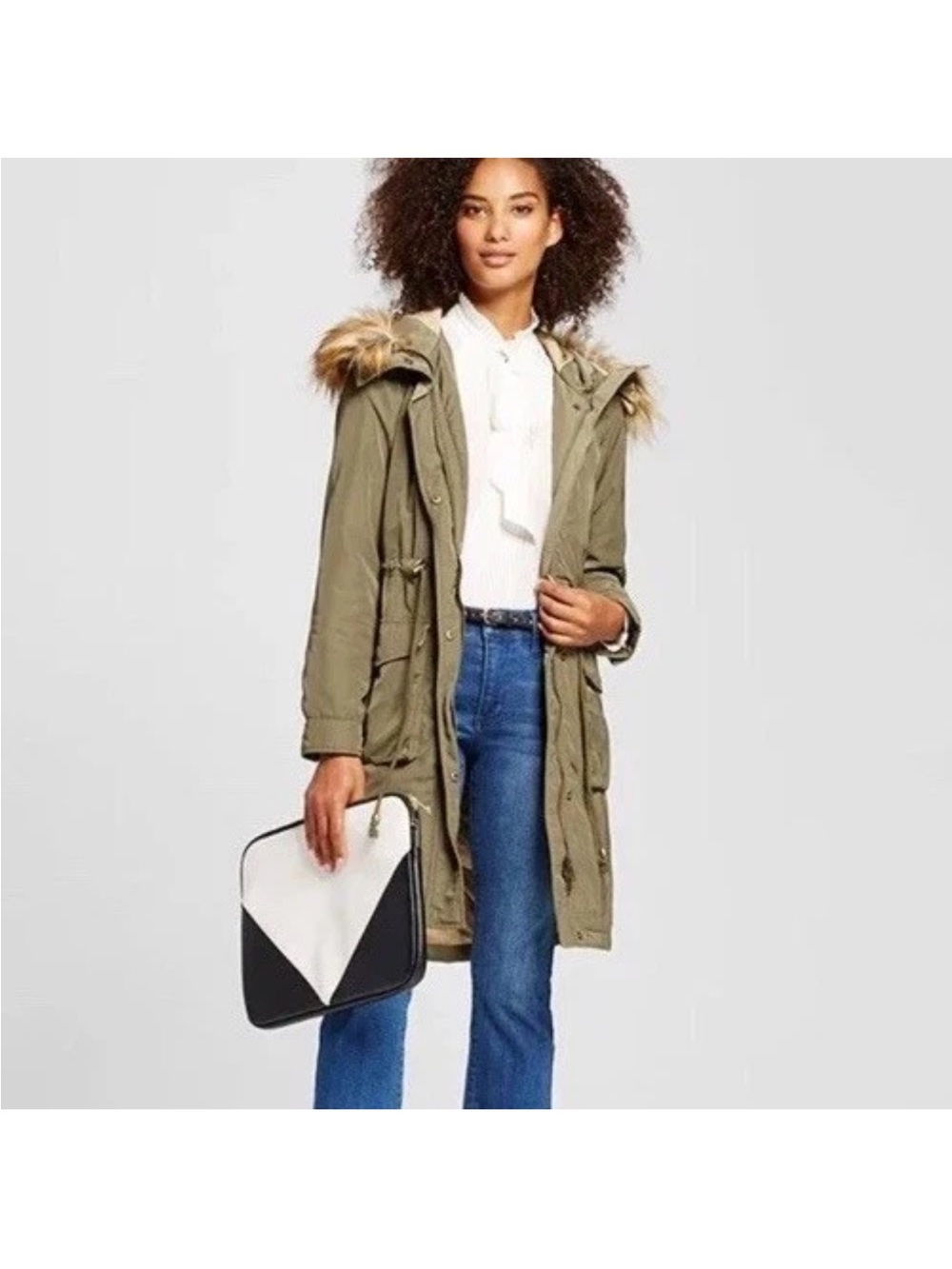 Who What Wear Parka Jacket Faux Fur Hood Womens Coat M Mid Length Green